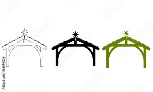Set of three flying angels blowing a trumpet, including line art, black silhouette, and colorful cartoon styles, symbolizing Christmas, celestial music, and festive holiday celebration.