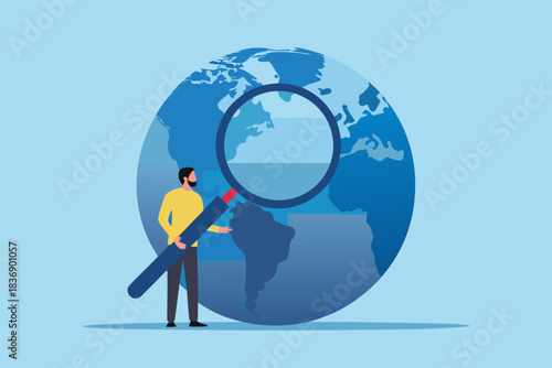 Man with magnifying glass examining earth globe global research and exploration concept