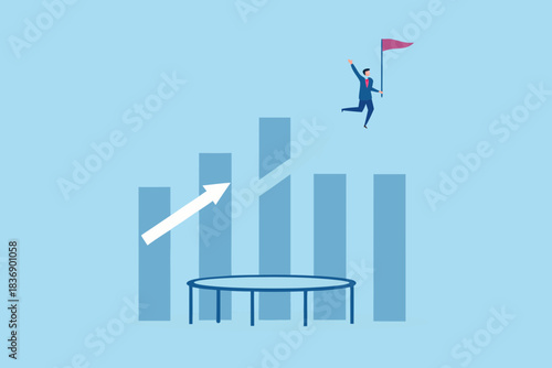 Businessman using trampoline to jump over bar graph to reach goal
