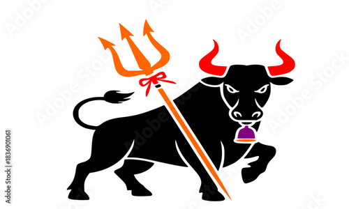 Nandi Bull vector illustration in black and orange, standing prominently with the Trishula (trident), representing the loyal vehicle and gatekeeper of Hindu God Shiva and strength.