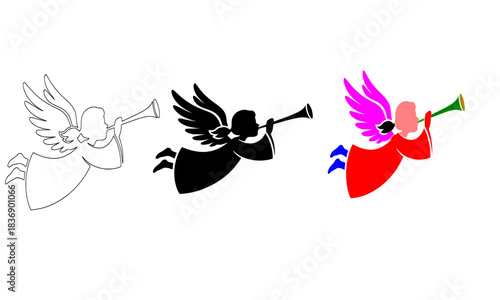 Set of three flying angels blowing a trumpet, including line art, black silhouette, and colorful cartoon styles, symbolizing Christmas, announcement, celestial music, and celebration.