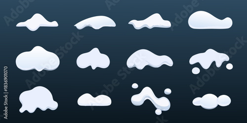 Cartoon snow caps and snowdrift collection on a dark background