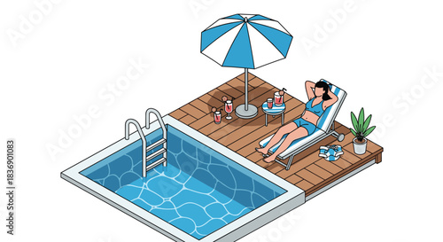 An isometric illustration of a woman relaxing on a lounge chair by a swimming pool on a wooden deck with an umbrella and refreshing drinks.
