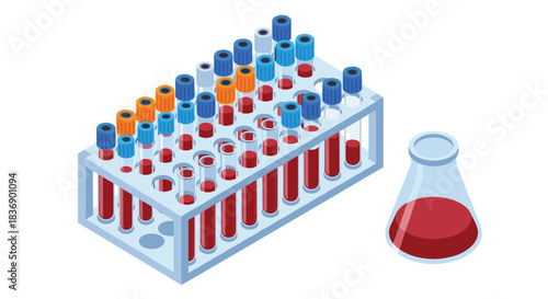 Isometric illustration of a test tube rack filled with multiple blood samples in capped tubes and an Erlenmeyer flask containing red liquid, representing medical lab tests.