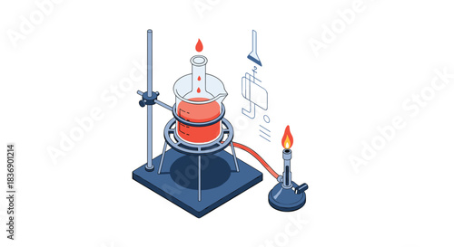 An isometric illustration depicting a laboratory setup where a red liquid in a glass beaker is heated by a Bunsen burner for an experiment.