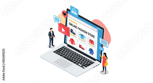 Isometric illustration of customers browsing an online fashion store on a laptop, complete with product displays and various digital interaction icons.