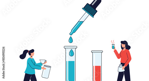 Two female scientists are performing various experiments in a laboratory, carefully mixing liquids in test tubes with a dropper and observing reactions.