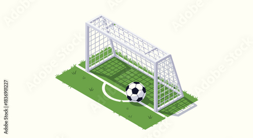 Isometric illustration of a soccer goal and a classic black and white football on a green field, ready for action.
