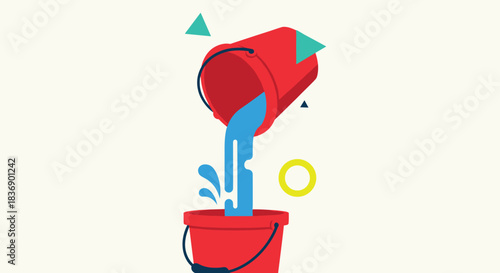 An animated style illustration showing water pouring from an elevated red bucket into a receiving bucket, amidst colorful abstract elements.