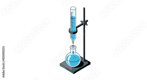 Chemistry laboratory experiment illustrating a titration setup, with a burette dripping blue liquid into a flask on a stand.