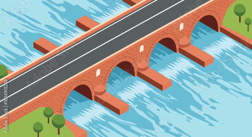 Isometric illustration of a classic multi-arch brick bridge spanning a vibrant blue river with a road and green banks.