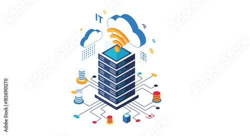 Cloud computing data center infrastructure illustration showing server racks, wireless network, data flow, and connected databases.
