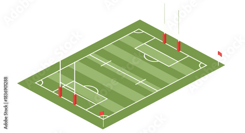 An isometric illustration of a rugby pitch with goalposts and field markings, rendered in a clean, modern graphic style.