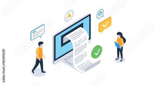 Illustration of a digital workflow with people processing online documents, completing tasks, and managing forms on a computer screen.