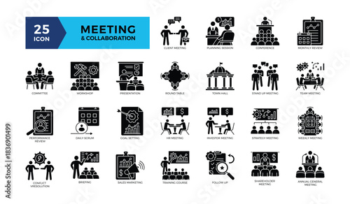 25 icon glyph MEETING set