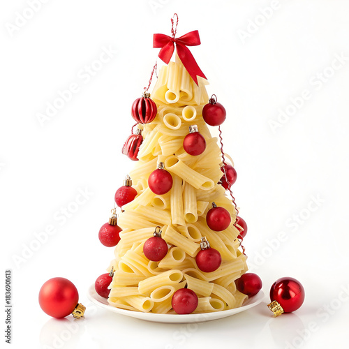 festive pasta tree decorated with red ornaments pe