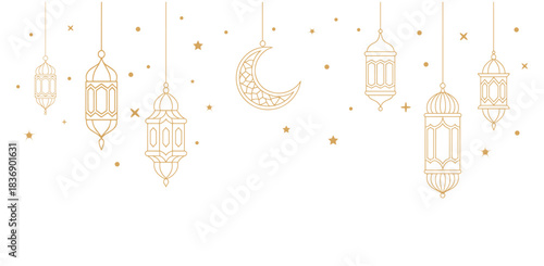 Elegant Ramadan lantern border with crescent moon and stars, perfect for Islamic holiday greeting cards, festive invitations, Eid Mubarak designs, and decorative backgrounds.