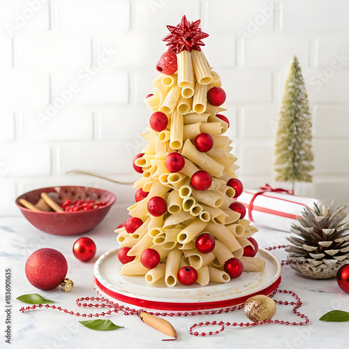 festive pasta tree decorated with red ornaments pe
