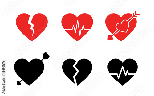 Red heart icons. stylized broken heart icon, medical heartbeat icon, and heart with arrow. Vector illustration
