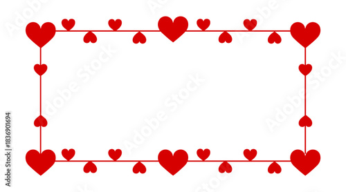 Valentine’s day heart frame border design. Romantic red love hearts decorative template for greeting cards, invitations, weeding messages, and love-themed projects.