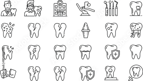 Dental, care, icons, set, tooth, clinic, dentist, treatment, hygiene, protection, cavity, pain, orthodontics, medical, health, vector, illustration, diagnosis, prevention, surgery
