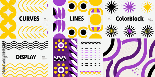 Abstract geometric pattern with curves lines color blocks and display elements