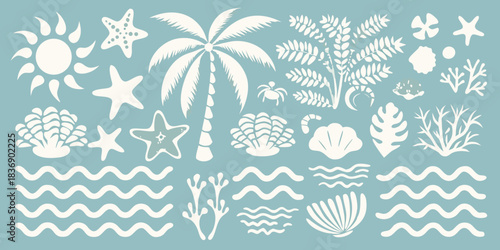 Summer beach themed vector pattern with palm trees and sea life