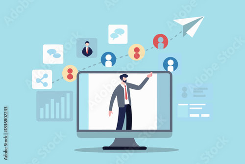 Online business meeting or presentation with a man on screen