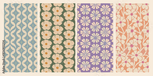 Retro floral and geometric pattern set in soft pastel colors