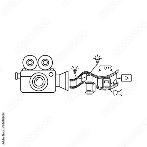Hand drawn movie camera with a creative film strip illustration.