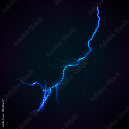 Single Blue Neon Lightning Bolt Flash: Electric Energy Stroke on Dark Background for Power, Thunderbolt, and Storm Effect Design