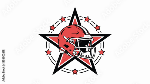 Football Helmet Emblem Red Gear Over Black Star with Motion Lines and Smaller Stars