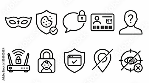 Cyber Privacy and Security Icons Set: Illustrating Digital Identity, Data Protection, Online Anonymity, and Parental Controls with Modern Line Art Graphics