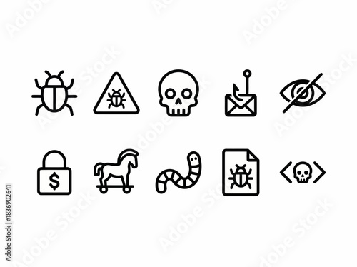 Cybersecurity Threats Icons Set: Illustrating Common Digital Dangers Like Malware, Phishing, and Data Breaches Through Clear, Modern Outline Graphics