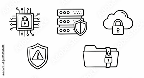 Cybersecurity and Data Protection Icons featuring Secure CPU, Protected Server Stack, Cloud Storage Lock, Alert Shield, and Locked Folder for Digital Safety