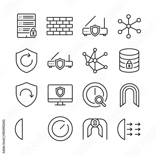 Network and Data Security Icons featuring Locked Servers, Firewall, Protected Router, Network Connections, Data Recovery, Real Time Monitoring, and Secure Tunnel for Digital Protection