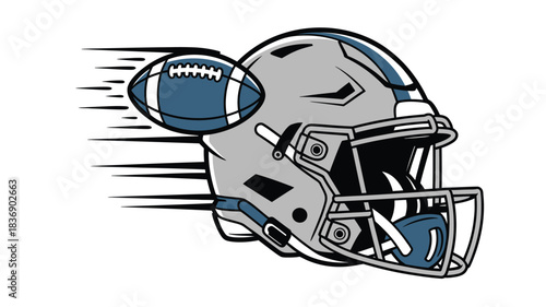 Football Helmet with a Flying Football Showing Motion Streaks, Illustrated Logo, Sports Design for Super Bowl Sunday