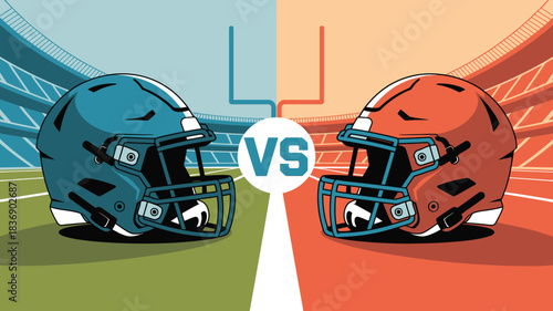 Football Helmets FaceOff Illustration Super Bowl Sunday Showdown, Team Rivalry, Sport Competition, American Football
