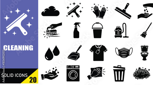 Essential solid icons set capturing every aspect of modern home and professional cleaning tasks for hygiene promotion
