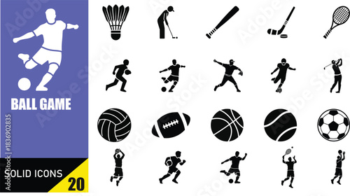 Dynamic collection of solid black icons representing various ball games and athlete actions for design projects