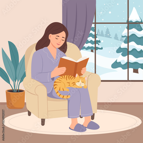 Woman resting in comfy sofa with book and cat pet. Cozy winter vector illustration