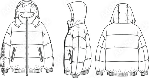 Unisex Puffer Jacket Hooded Down Insulated Outerwear CAD Flat Technical Drawing Vector Illustration Front Side Back View Design Template Sketch.