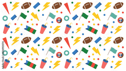Fun Super Bowl Sunday Pattern Featuring Footballs, Flags, Drinks, and Lightning Bolts