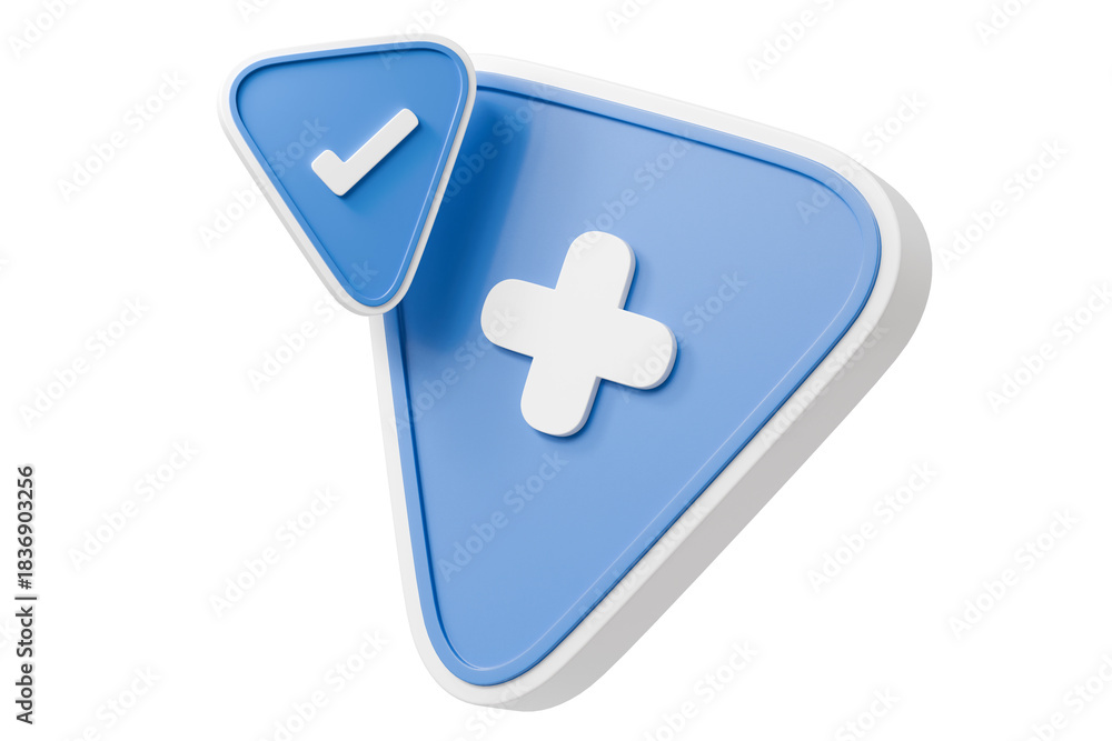 Fototapeta premium 3d blue triangle plus and check icon. success approval concept. minimal cartoon check mark plus button app icon for app banner hero. isolated on white background. 3d render.