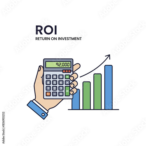 Hand holding calculator with ROI graph showing business growth.