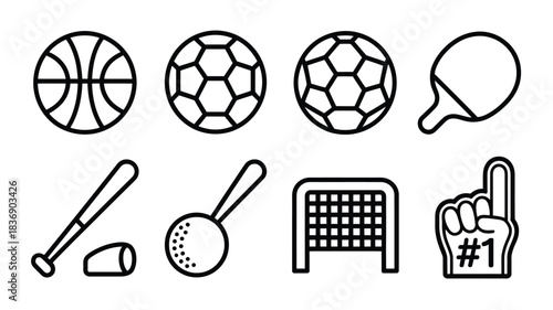 Illustration Featuring Outlined Sports Equipment, Including Basketball, Soccer Balls, Ping Pong Paddle, Baseball Bat