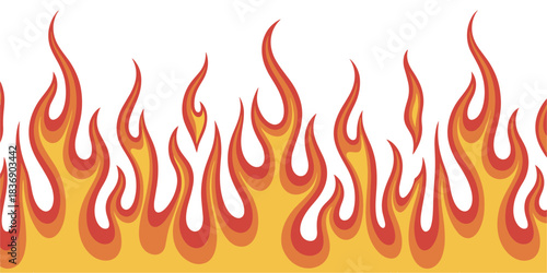 Bold graphic vector fire edge with vivid orange, red, and yellow angular flames crafted as a seamless horizontal tile with dynamic movement