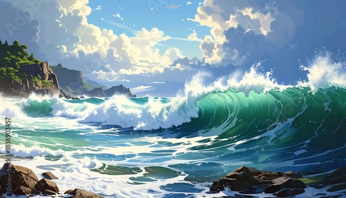 Fototapeta Naklejka Na Ścianę i Meble -  Animated ocean scene, large turquoise wave crashing near coastal rocks