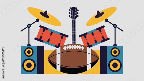 Illustration of a Guitar, Drum Set, Football, and Speakers for Super Bowl