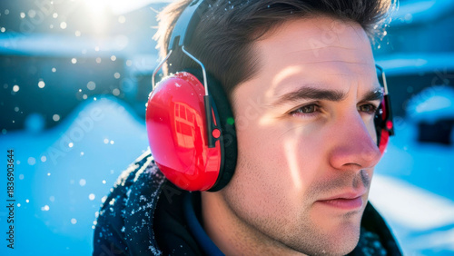 man in red headphones in winter – man wearing bright red earmuff-style headphones in snowy environment. Useful for lifestyle, winter accessories, and outdoor portrait themes.